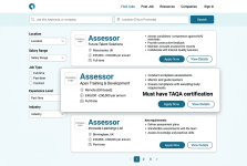 Job search page with left sidebar filters (Location, Salary, Job Type, Experience, Industry) and three 'Assessor' job cards featuring Apply Now and View Details buttons at right/center area, plus pagination at bottom.