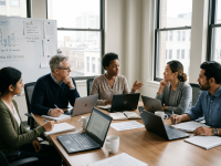 Five professionals around a conference table with laptops, notes, and a whiteboard chart in a bright office setting.